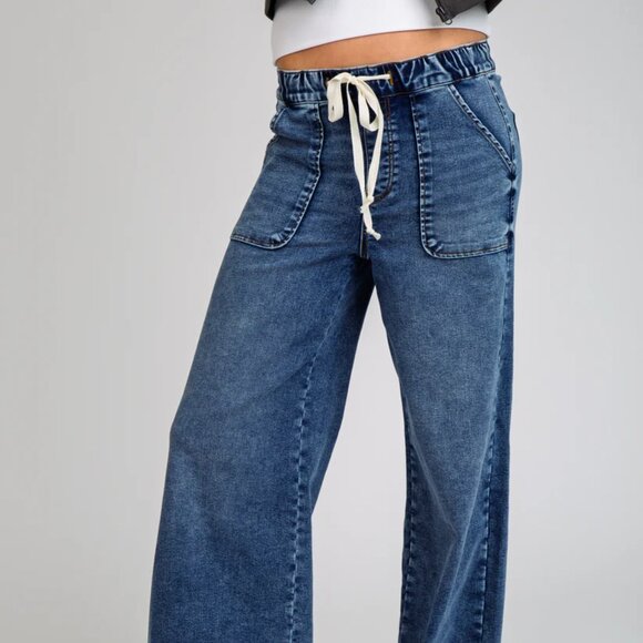 NEW REWASH Relaxed Knit Denim Wide Leg Pants in vintage indigo for women 825 2t7 - Picture 3 of 9